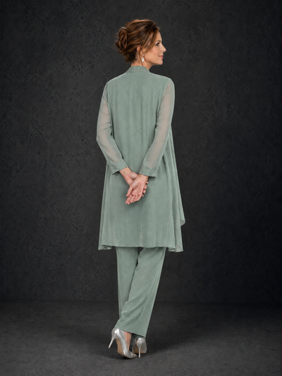 BOLODOO Dusty Sage 3-Piece Beaded Chiffon Duster Jacket Pant Suit - Dusty Sage - Dusty Sage_02