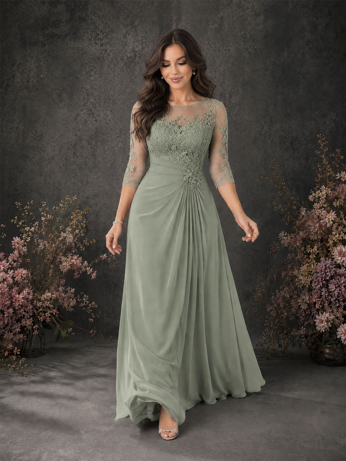 BOLODOO Dusty Sage Chiffon Lace Illusion Neckline 3/4 Sleeve Floor Length Formal Gown - Dusty Sage - Dusty Sage_03