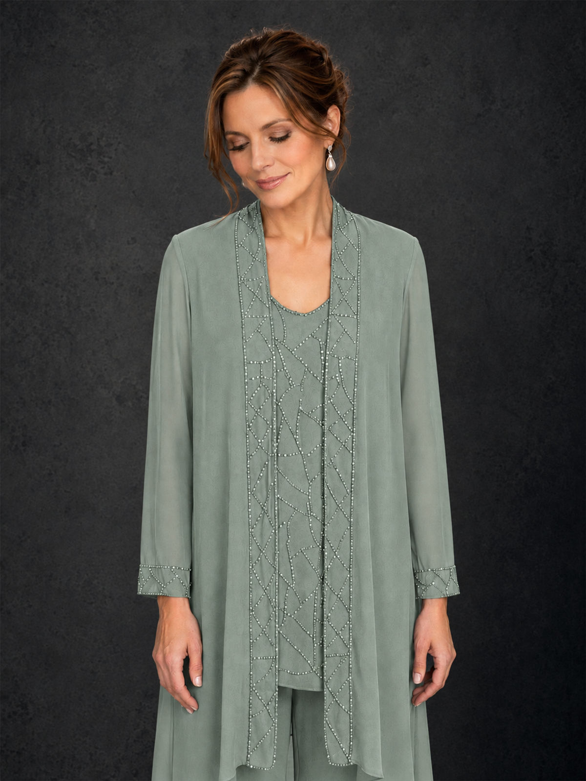 BOLODOO Dusty Sage 3-Piece Beaded Chiffon Duster Jacket Pant Suit - Dusty Sage - Dusty Sage_03