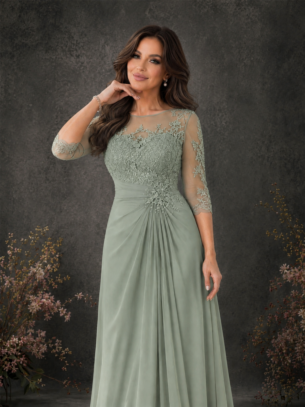 BOLODOO Dusty Sage Chiffon Lace Illusion Neckline 3/4 Sleeve Floor Length Formal Gown - Dusty Sage - Dusty Sage_04