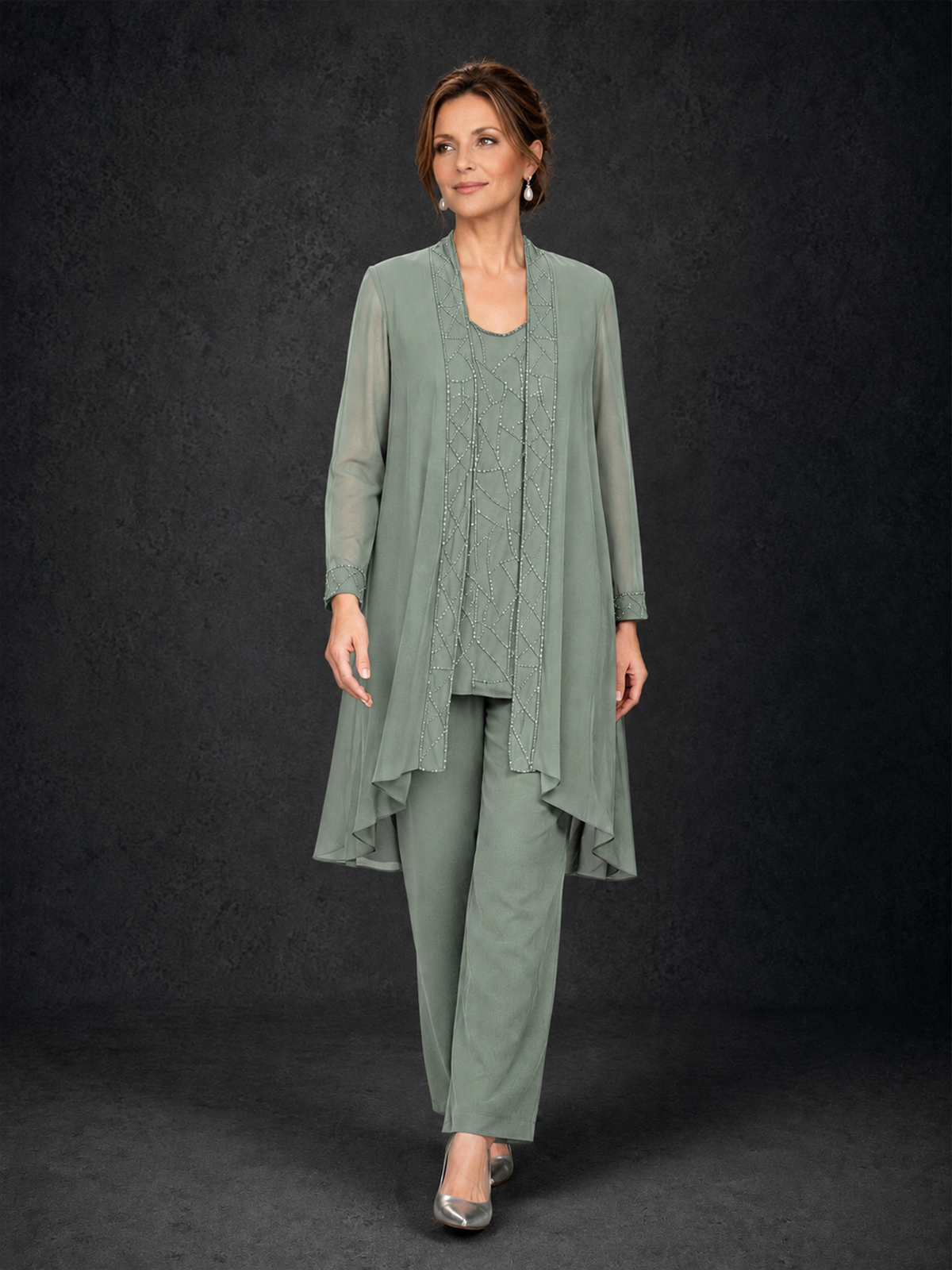 BOLODOO Dusty Sage 3-Piece Beaded Chiffon Duster Jacket Pant Suit - Dusty Sage - Dusty Sage_04
