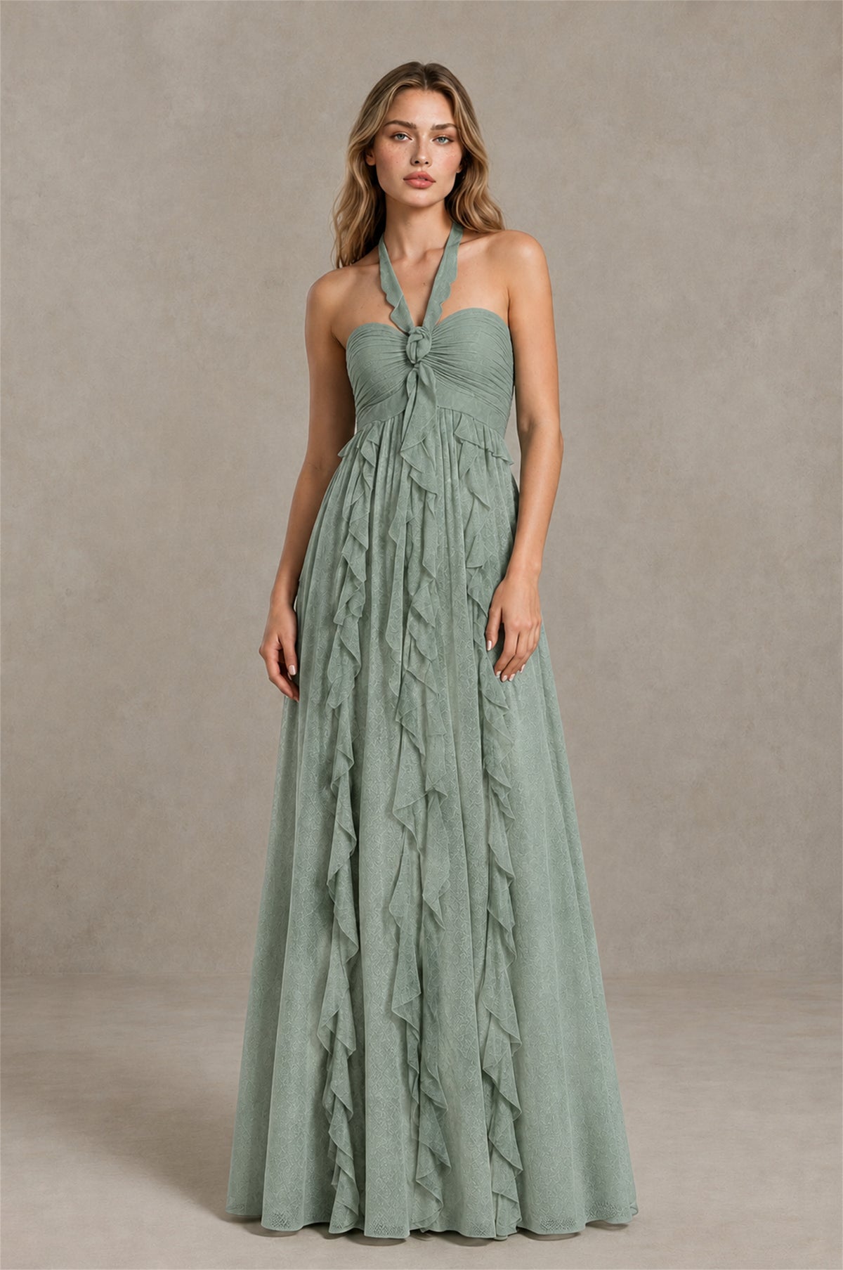 BOLODOO Dusty Sage Halter Ruffle A-Line Floor-Length Evening Dress - Dusty Sage - Dusty_Sage_1