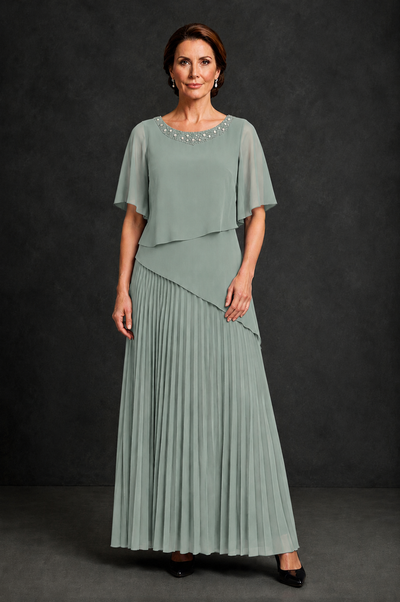 BOLODOO Dusty Sage Pearl Beaded Neck Asymmetric Tiered Flutter Sleeve Pleated Chiffon Maxi Dress - Dusty Sage - Dusty_Sage_1
