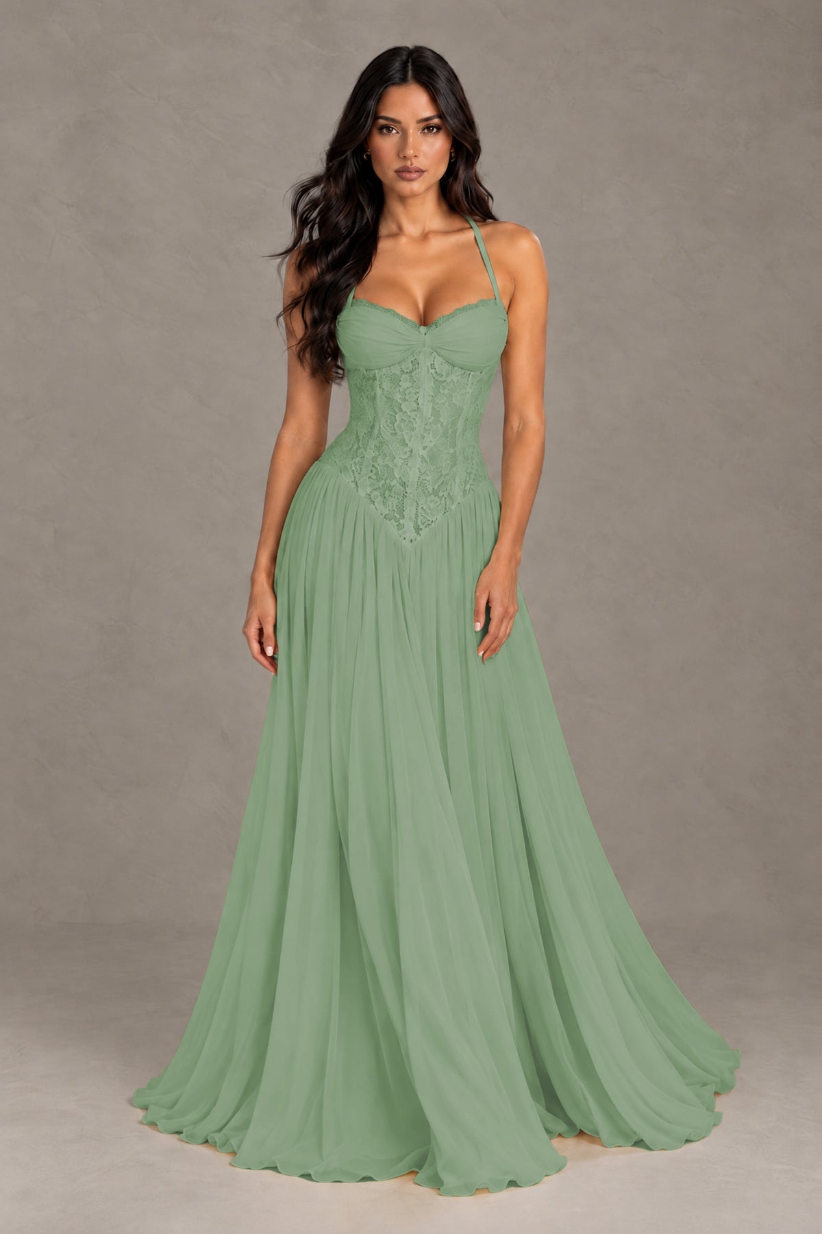 BOLODOO Dusty Sage Lace Corset Halter Maxi Gown – Backless A-Line Formal Dress - Dusty Sage - Dusty Sage(1)
