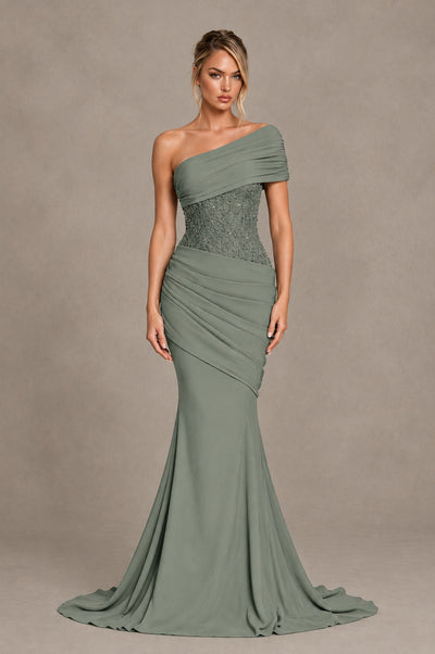 BOLODOO Dusty Sage One-Shoulder Sequin Embroidered Ruched Mermaid Gown with Train - Dusty Sage - Dusty Sage_1