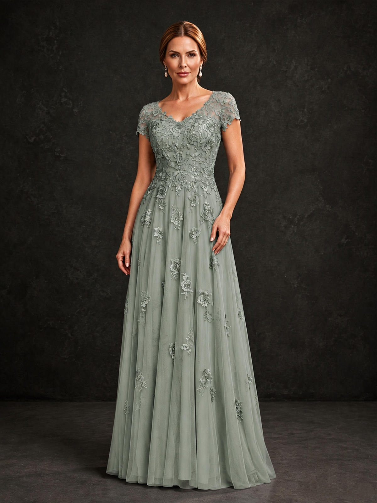 BOLODOO Dusty Sage Cap Sleeve Lace Appliqué A-Line Formal Gown | Mother of the Bride Dress - Dusty Sage - Dusty Sage_1