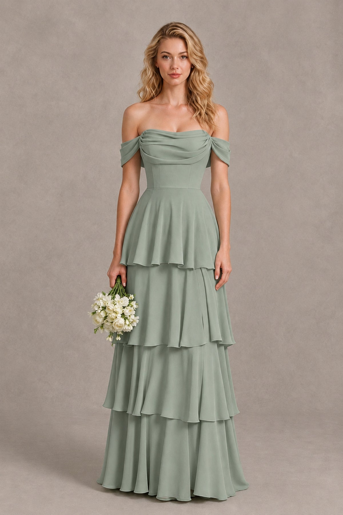 BOLODOO Dusty Sage Off-the-Shoulder Tiered A-Line Evening Bridesmaid Dress - Dusty Sage - Dusty Sage_1