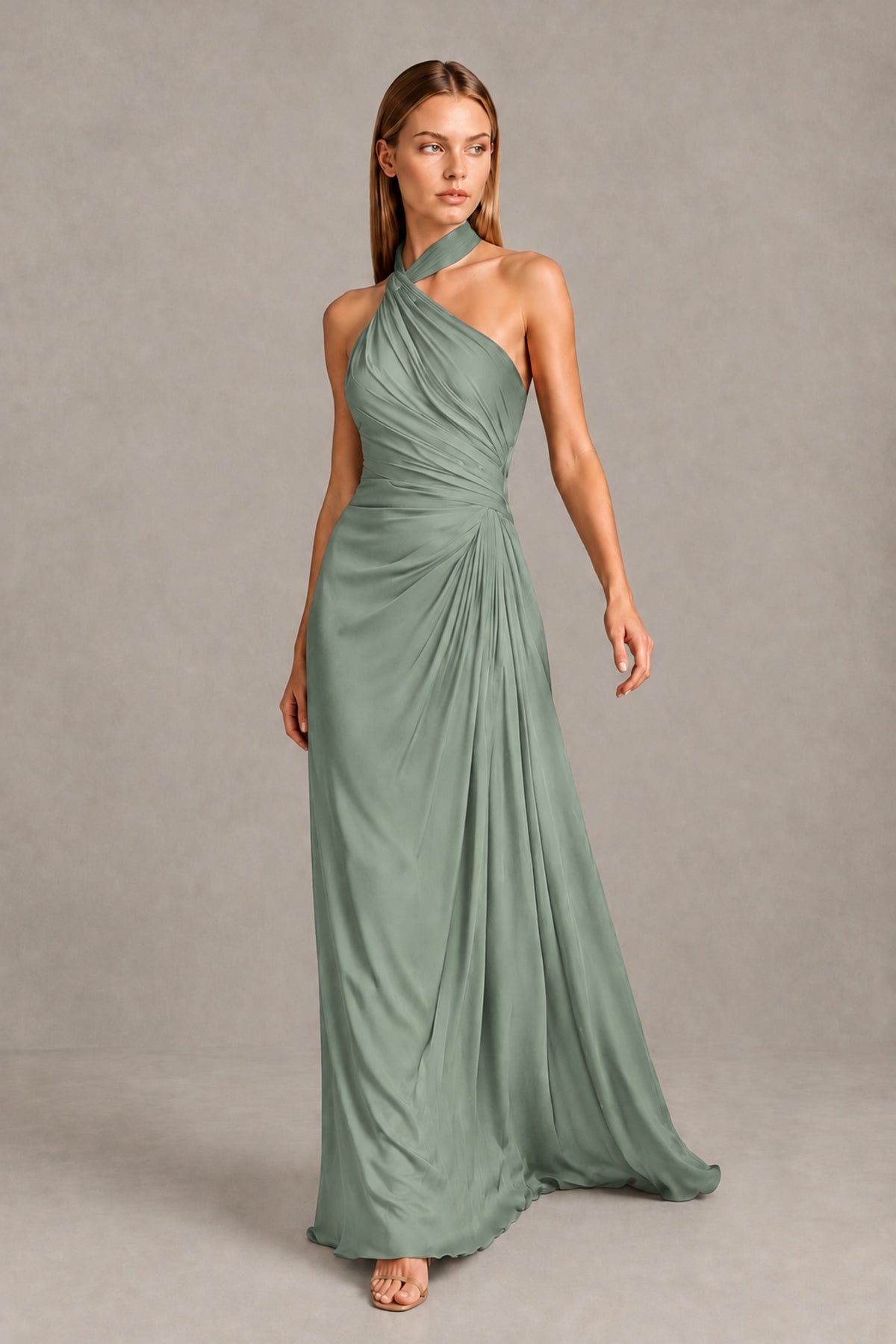 BOLODOO Dusty Sage Twisted Halter Neck Ruched Sleeveless Open Back Floor-Length Gown - Dusty Sage - Dusty_Sage_1
