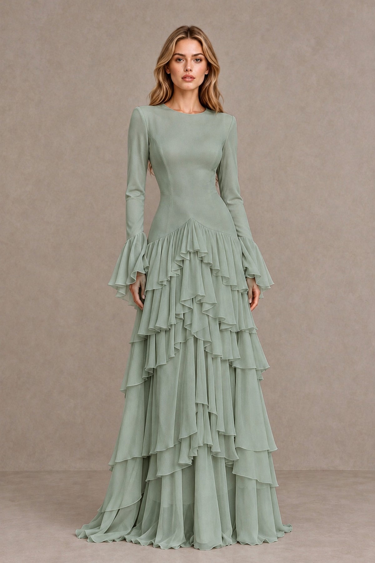 Dusty Sage Long Sleeve Tiered Ruffle Evening Gown - Dusty Sage - Dusty Sage_1