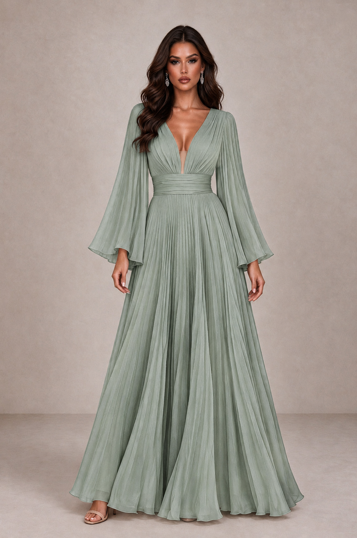 BOLODOO Dusty Sage Pleated Deep V-Neck Long Bell Sleeve Evening Dress - Dusty Sage - Dusty_Sage_1