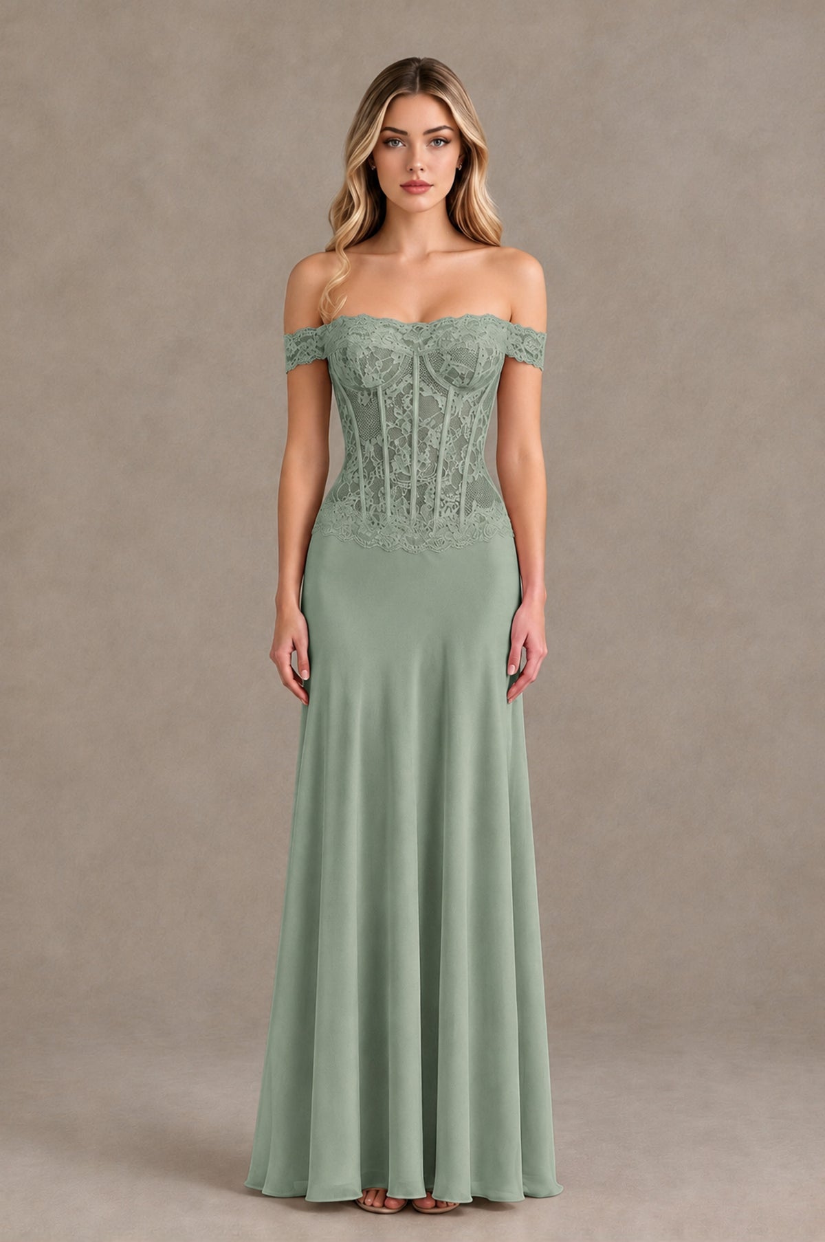 BOLODOO Dusty Sage Off Shoulder Lace Corset Wedding Guest Dress - Dusty Sage - Dusty Sage_1