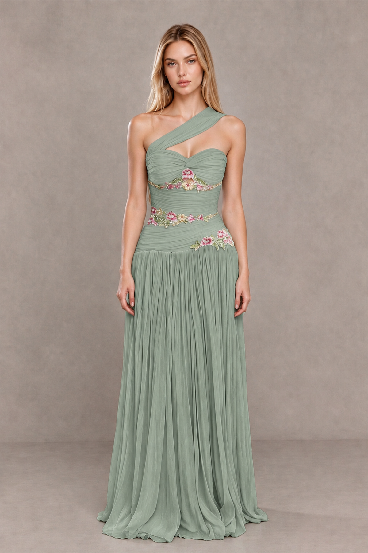 BOLODOO Dusty Sage One-Shoulder Floral Applique A-Line Evening Dress - Dusty Sage - Dusty Sage_1