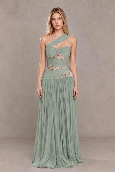 BOLODOO Dusty Sage One-Shoulder Floral Applique A-Line Evening Dress - Dusty Sage - Dusty Sage_1
