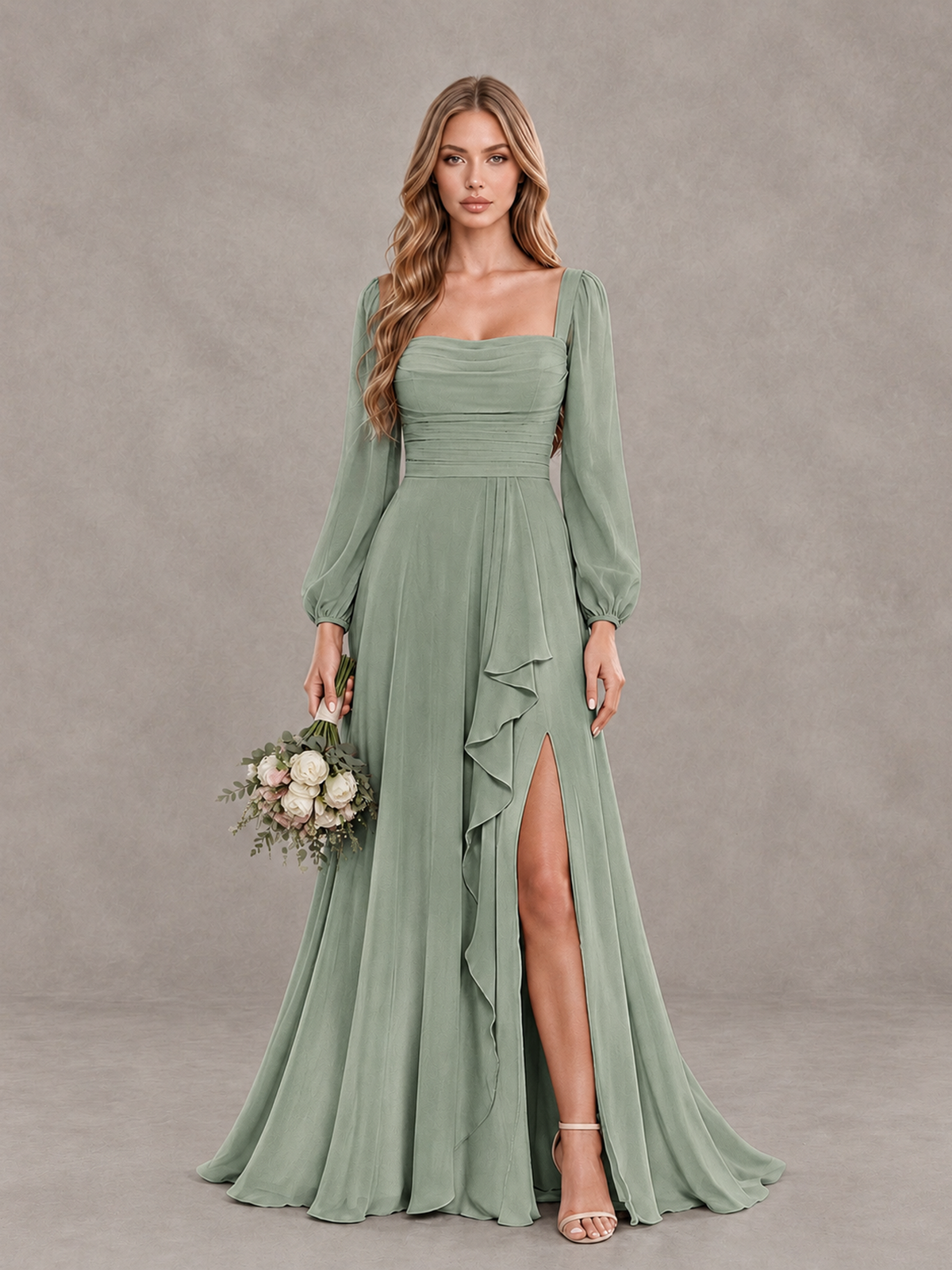 BOLODOO Dusty Sage Square Neck Long Sleeve Bridesmaid Dress with Ruffle Slit - Dusty Sage - Dusty Sage_1