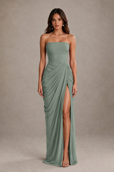 BOLODOO Strapless Draped Maxi Dress - Dusty Sage Backless Evening Gown with High Slit - Dusty Sage - Dusty Sage_1