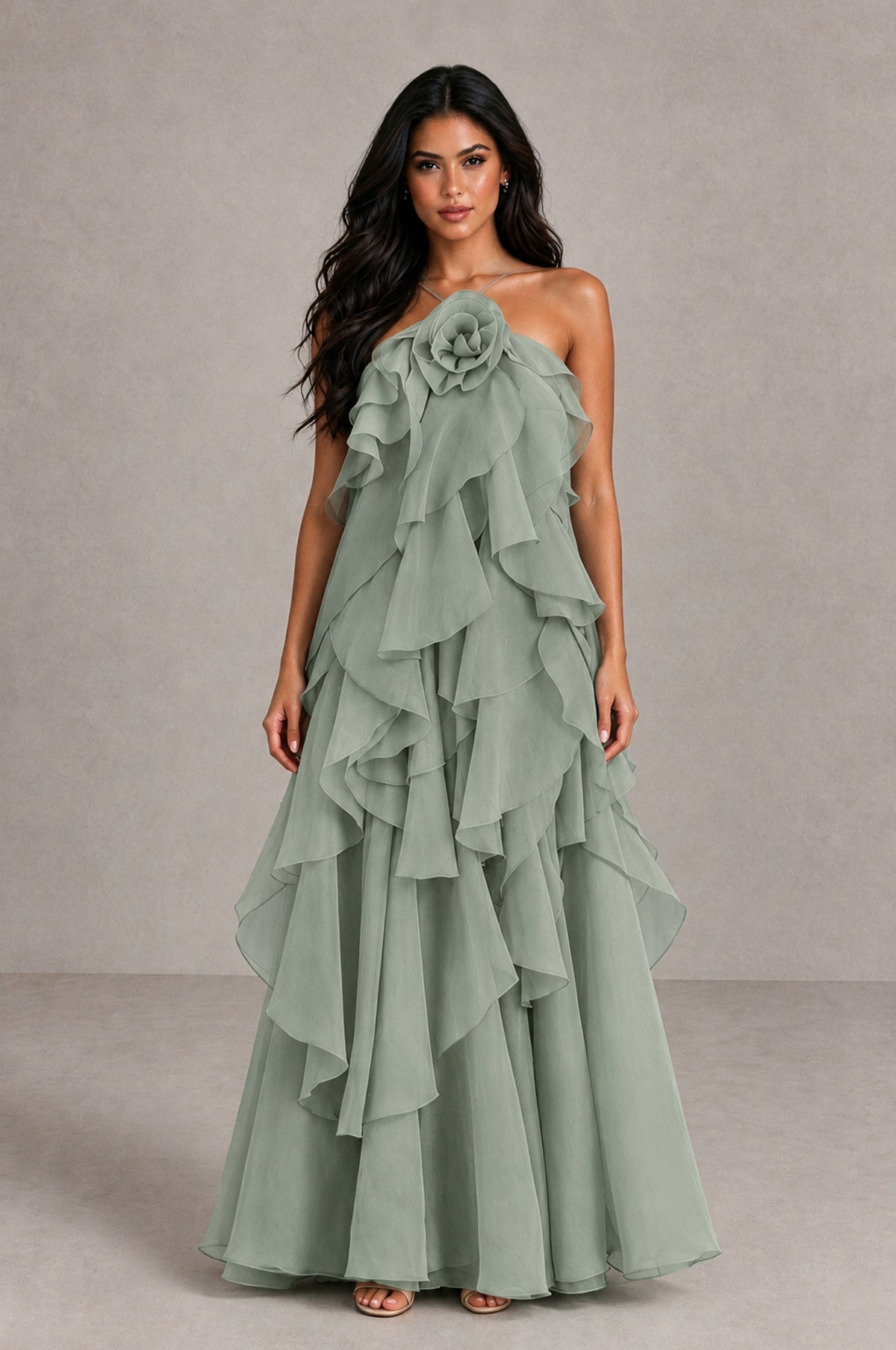 BOLODOO Dusty Sage Cascading Ruffle Rosette Open-Back Maxi Dress - Dusty Sage - Dusty Sage_1