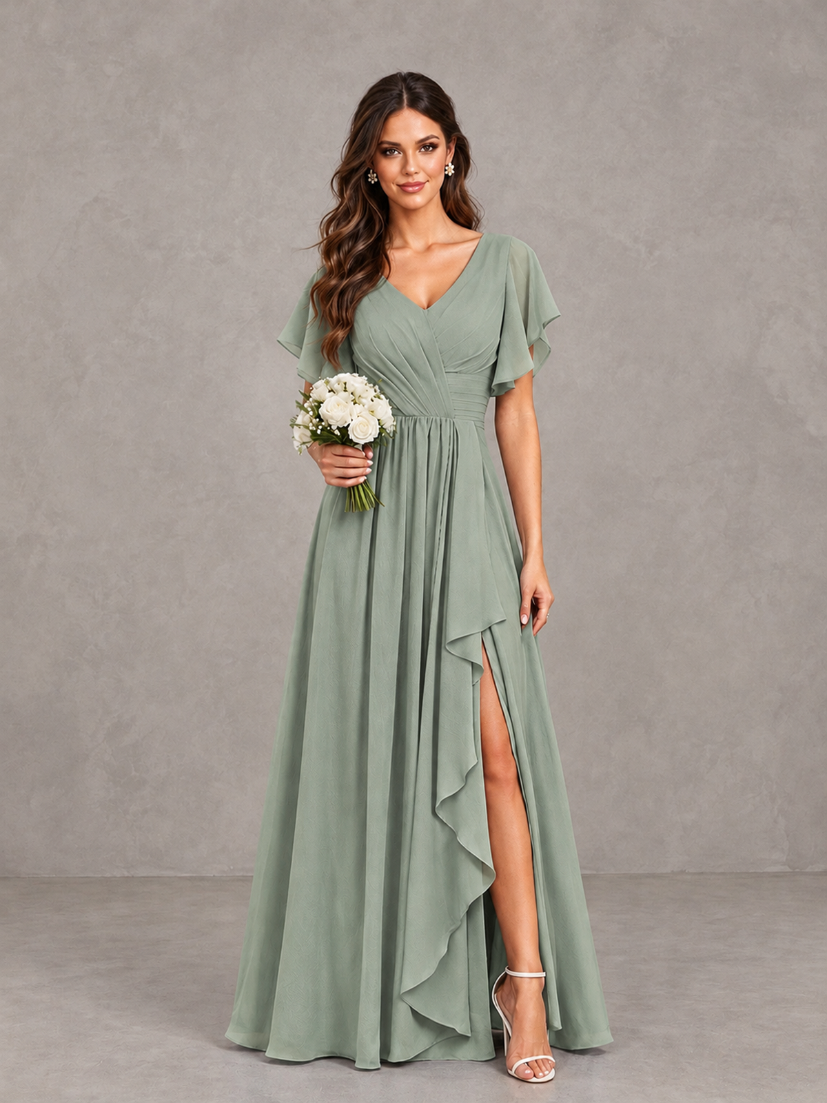 BOLODOO Dusty Sage Flutter Sleeve V-Neck Bridesmaid Dress with Ruffle Slit - Dusty Sage - Dusty Sage_1