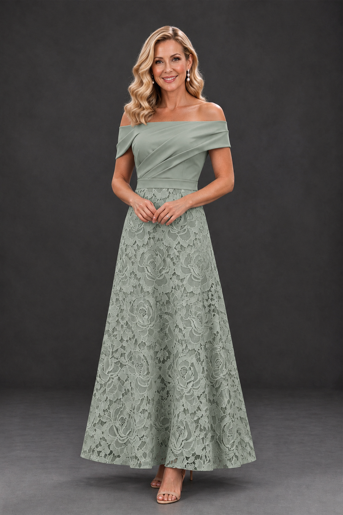 BOLODOO Dusty Sage Off-the-Shoulder Floral A-Line Mother of the Bride Dress - Dusty Sage - Dusty Sage_1