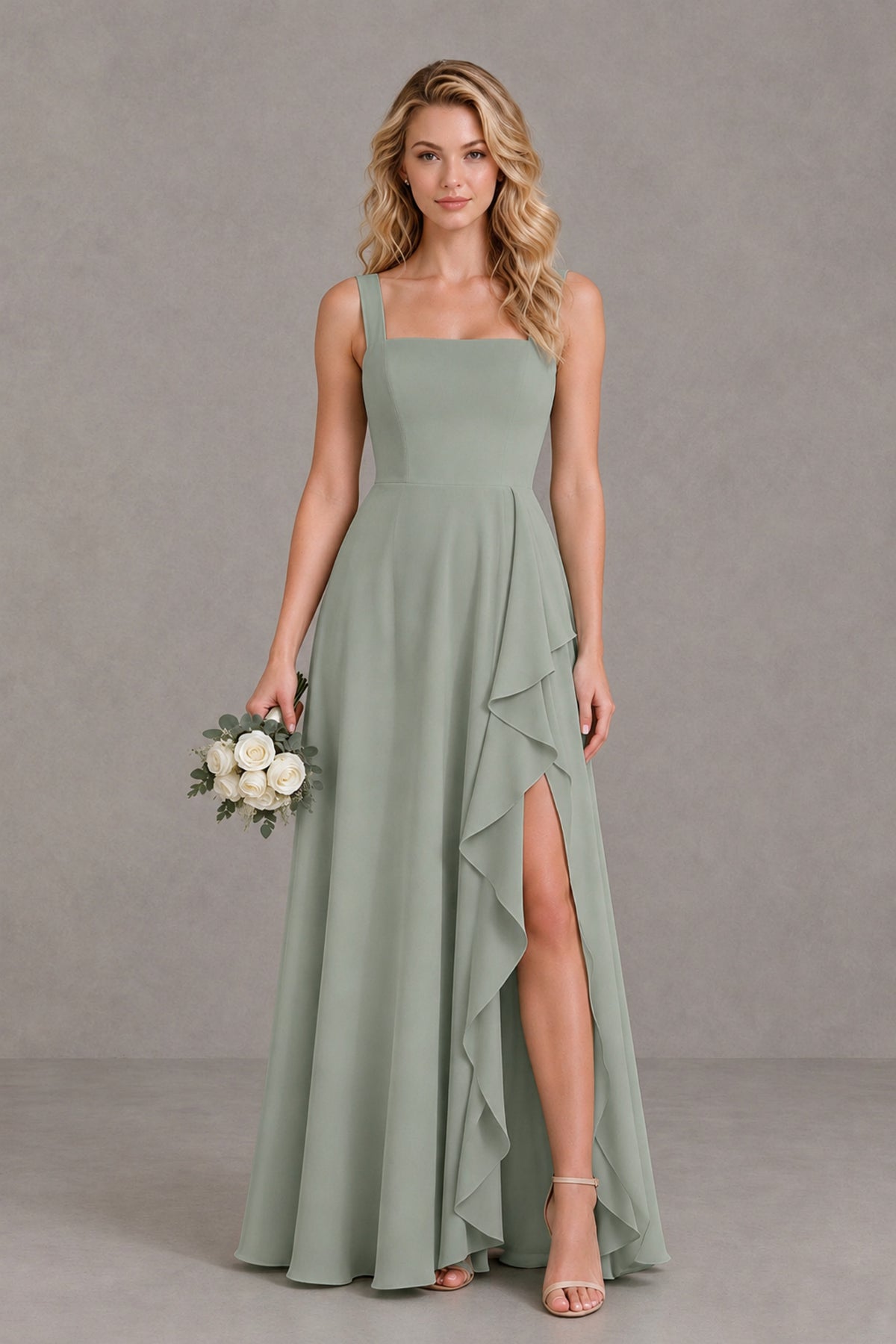 BOLODOO Dusty Sage Square Neck Ruffle A-Line Bridesmaid Dress with Slit - Dusty Sage - Dusty Sage_1