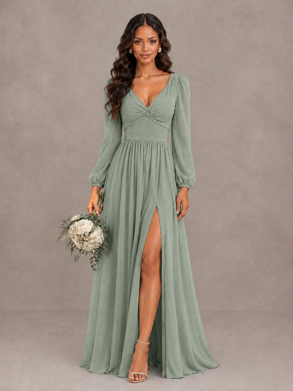 BOLODOO Dusty Sage V-Neck Long Sleeve Bridesmaid Dress with Tie Back and Slit - Dusty Sage - Dusty Sage_1