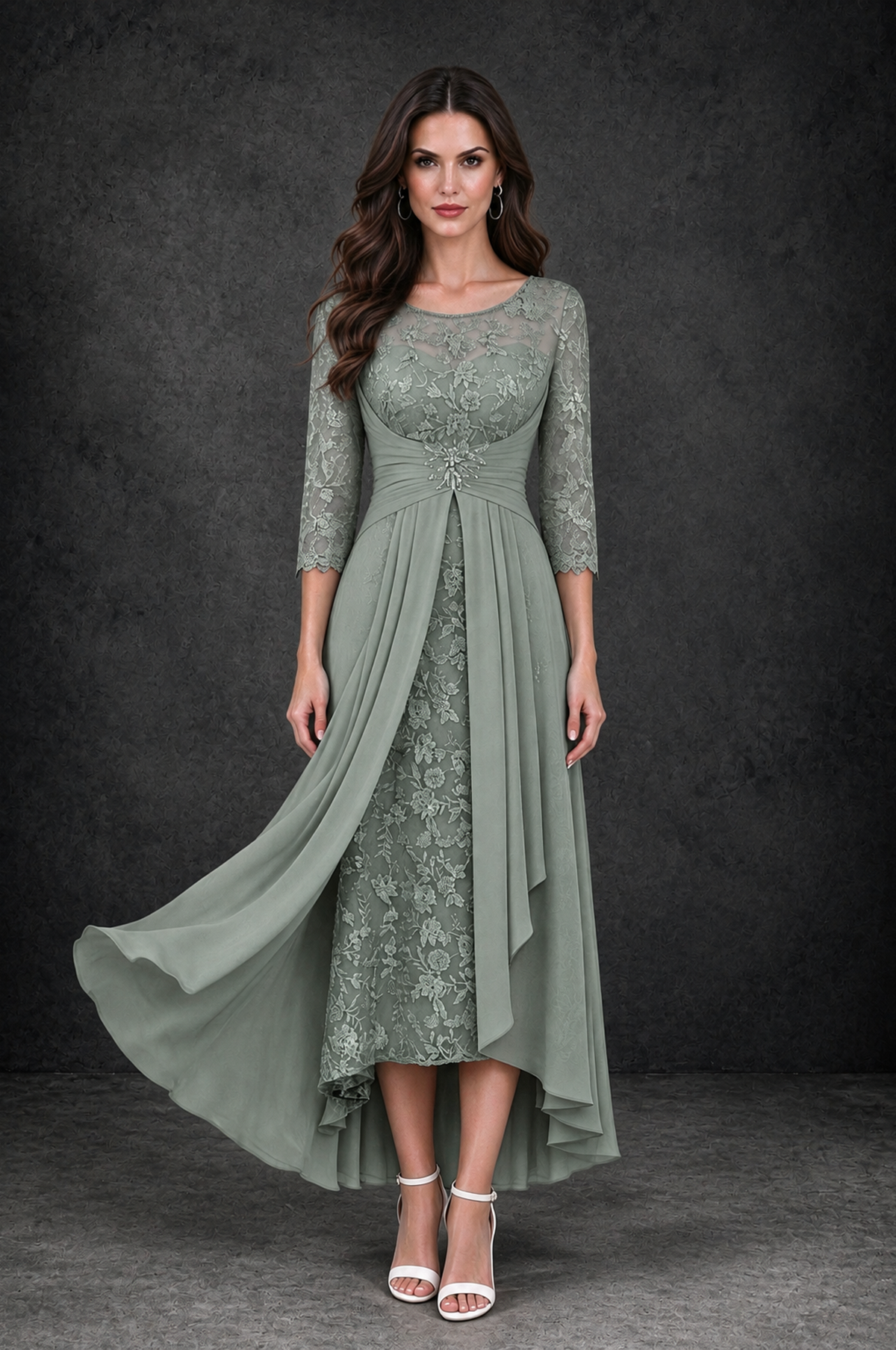 BOLODOO Dusty Sage Sequin Lace & Chiffon Tea-Length Mother of the Bride Dress with 3/4 Sleeves - Dusty Sage - Dusty_Sage_1