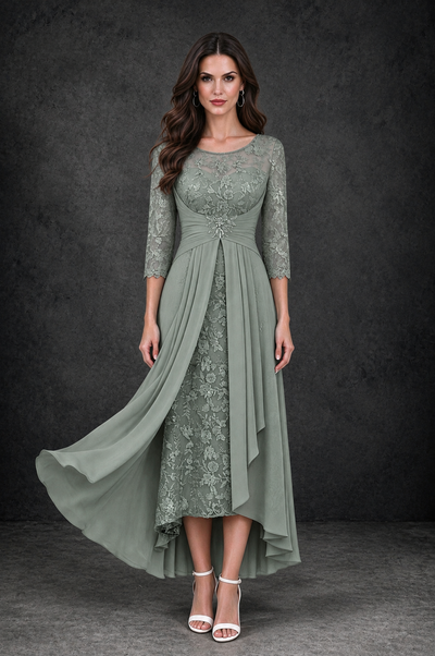 BOLODOO Dusty Sage Sequin Lace & Chiffon Tea-Length Mother of the Bride Dress with 3/4 Sleeves - Dusty Sage - Dusty_Sage_1