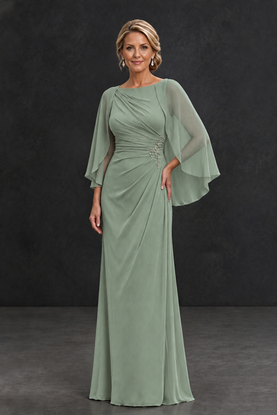 BOLODOO Dusty Sage Cape Sleeve Mother of the Bride Dress with Ruched Waist - Dusty Sage - Dusty Sage_1