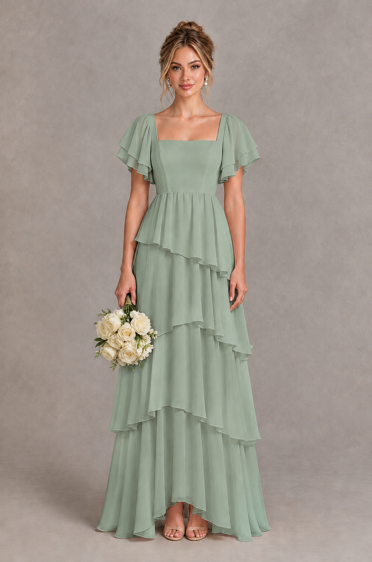 BOLODOO Dusty Sage Square Neck Flutter Sleeve Tiered Chiffon Bridesmaid Dress with Lace-Up Back - Dusty Sage - Dusty Sage_1