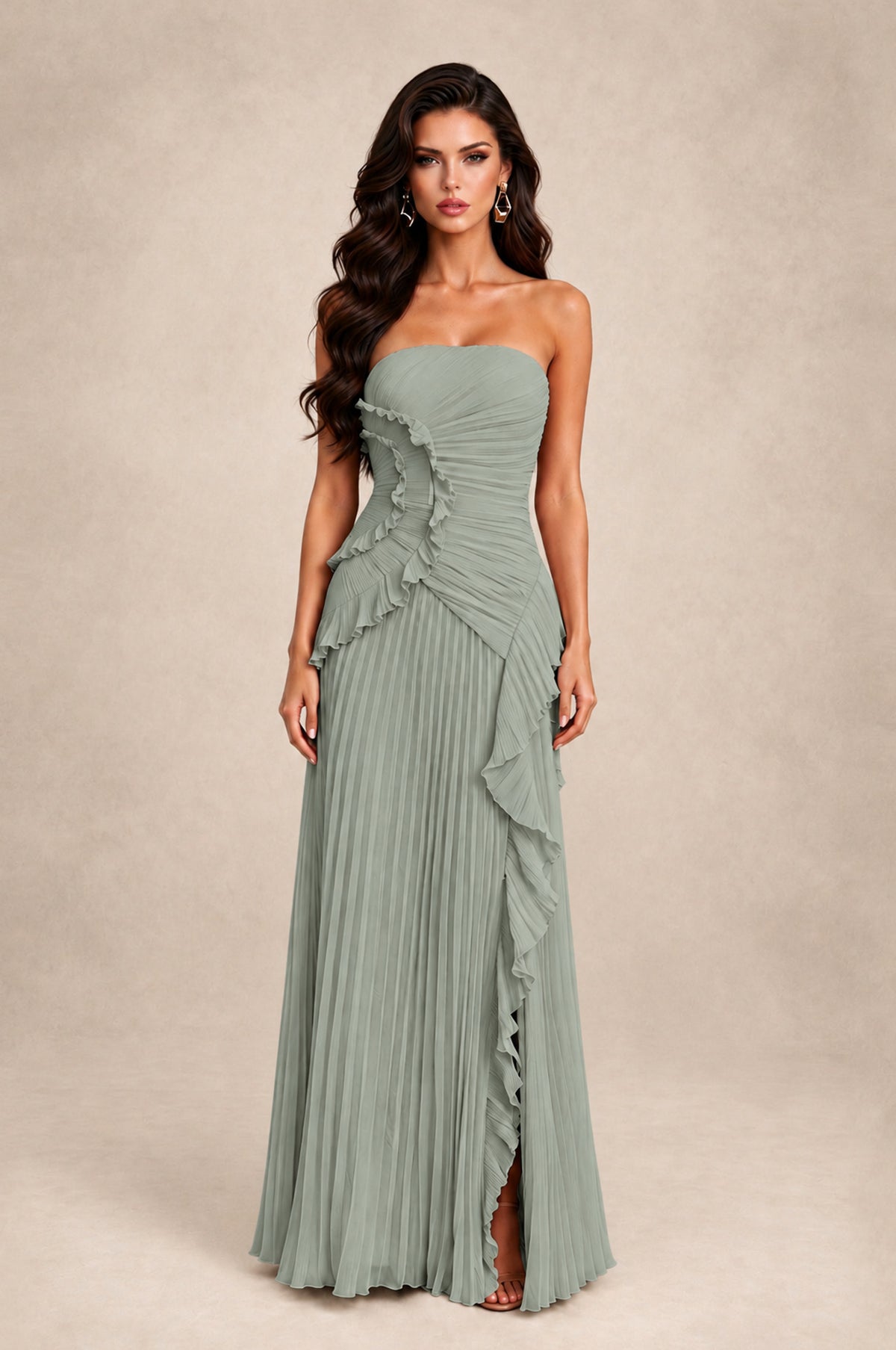 BOLODOO Dusty Sage Strapless Ruffle Pleated Slit Evening Gown - Dusty Sage - Dusty Sage_1