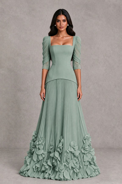 BOLODOO Dusty Sage Square Neck Pleated Floral Applique Evening Dress - Dusty Sage - Dusty Sage_1