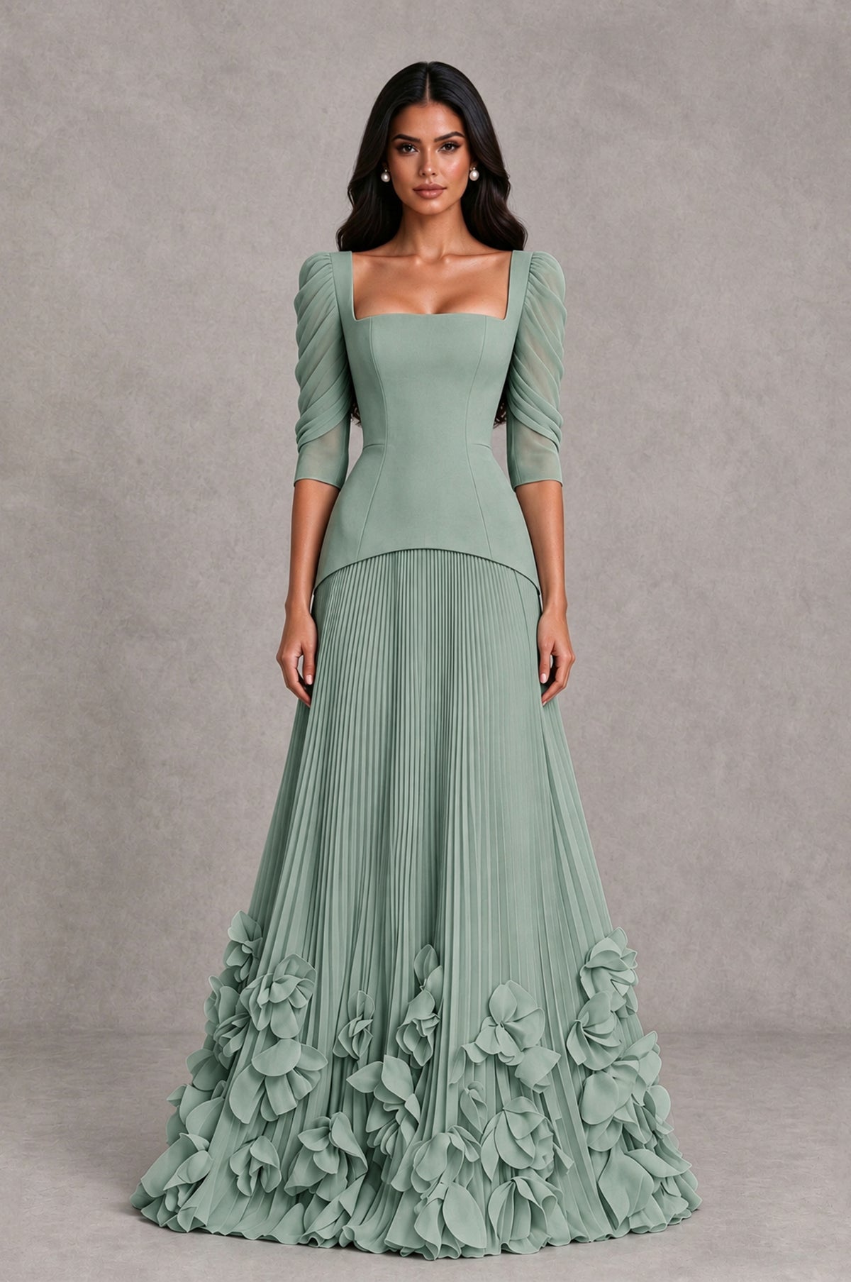 BOLODOO Dusty Sage Square Neck Pleated Floral Applique Evening Dress - Dusty Sage - Dusty Sage_1
