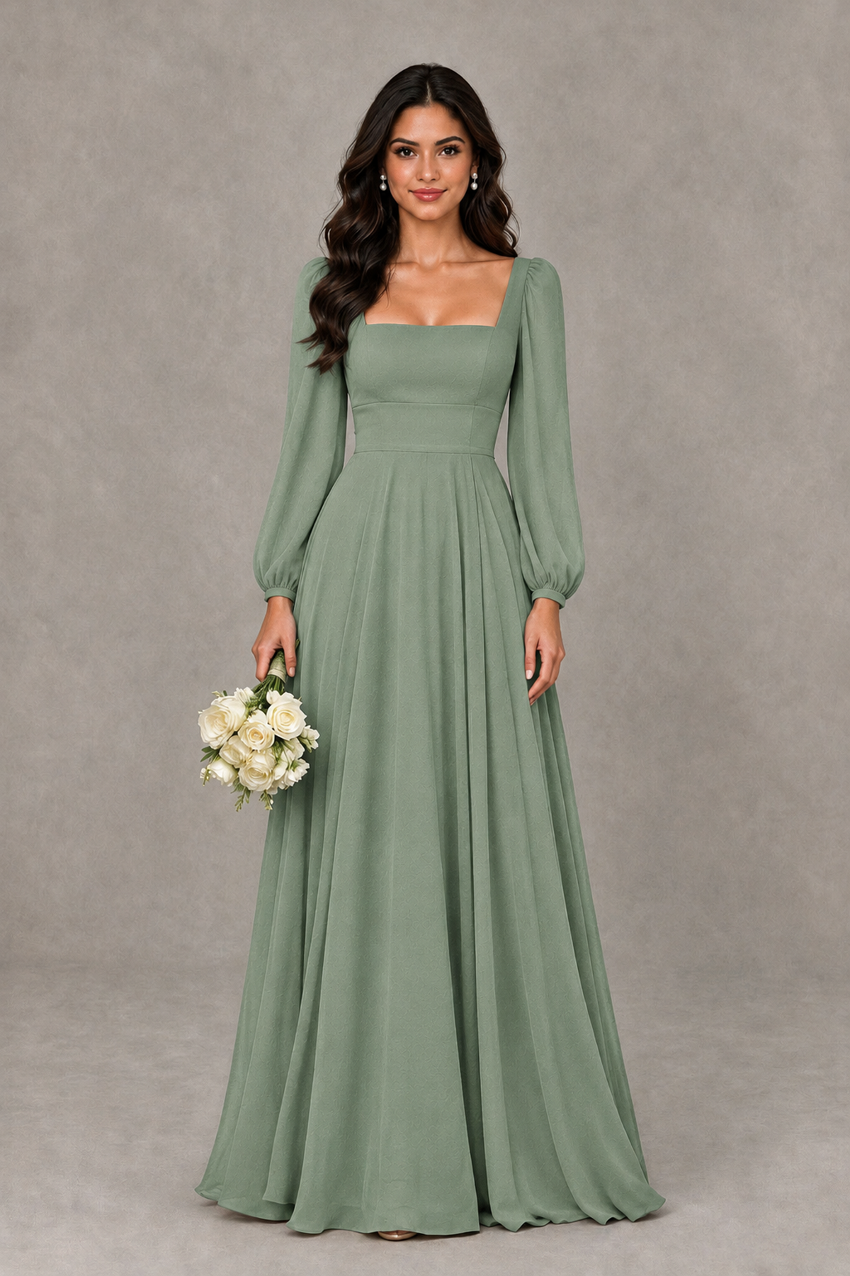 BOLODOO Dusty Sage Square Neck Long Sleeve A-Line Bridesmaid Dress - Dusty Sage - Dusty Sage_1