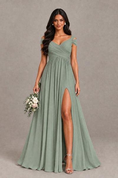 BOLODOO Dusty Sage Cold Shoulder Chiffon Evening Dress with V Neck and High Slit - Dusty Sage - Dusty Sage_1
