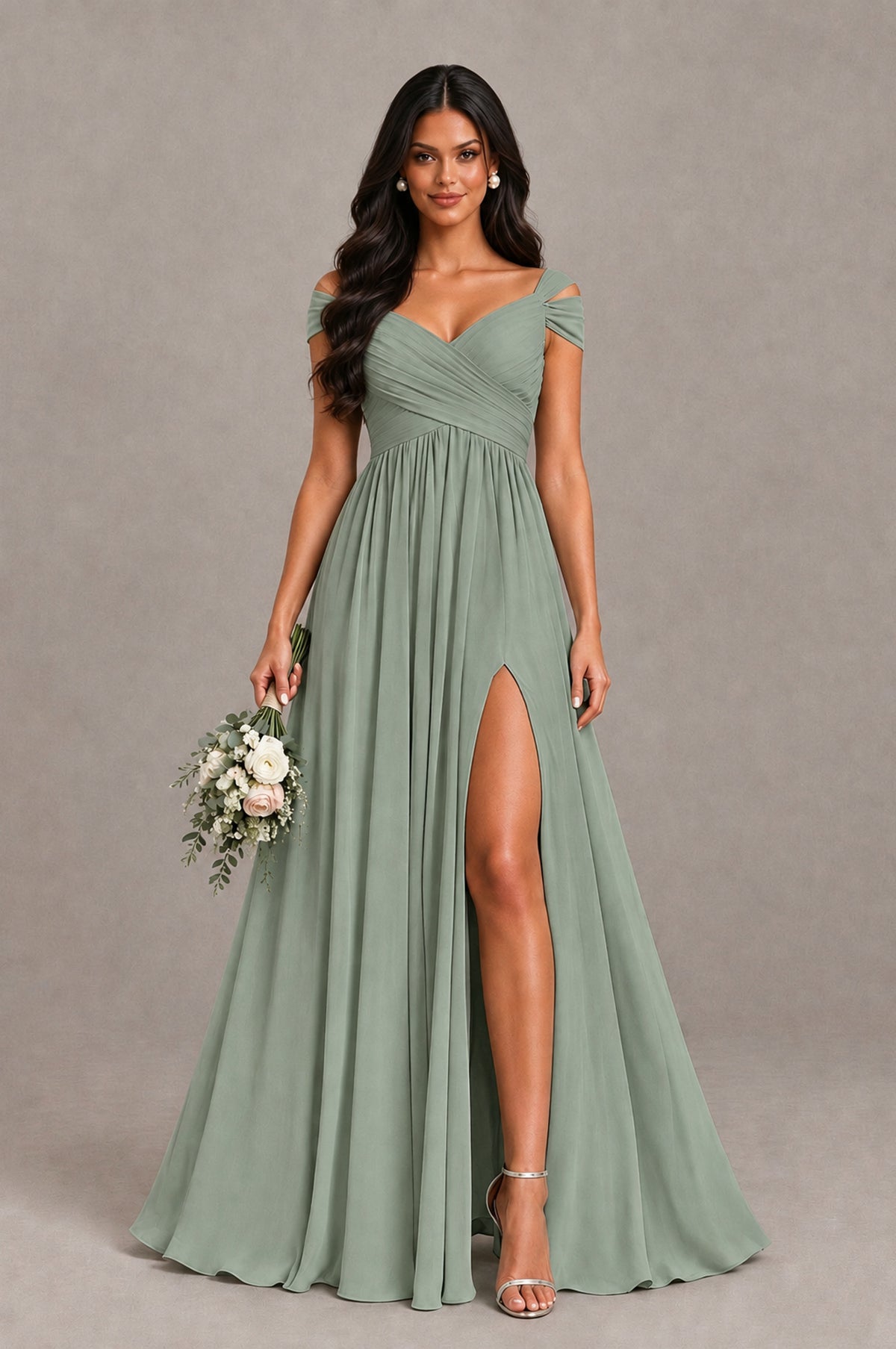 BOLODOO Dusty Sage Cold Shoulder Chiffon Evening Dress with V Neck and High Slit - Dusty Sage - Dusty Sage_1