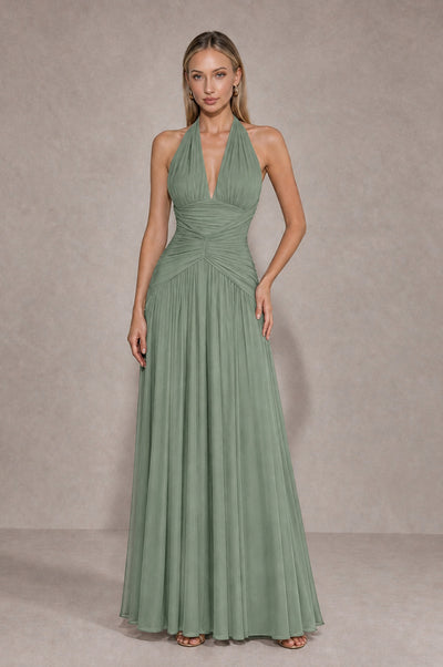 BOLODOO Dusty Sage Chiffon Halter Deep V-Neck Ruched A-Line Backless Maxi Dress with Train-BD0167 - Dusty Sage - Dusty Sage_1