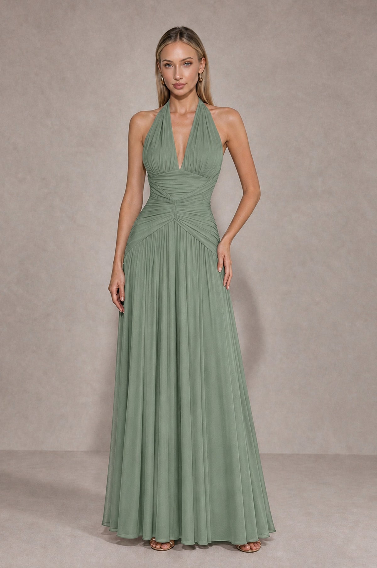 BOLODOO Dusty Sage Chiffon Halter Deep V-Neck Ruched A-Line Backless Maxi Dress with Train-BD0167 - Dusty Sage - Dusty Sage_1