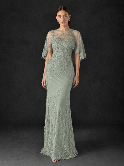 BOLODOO Dusty Sage Botanical Lace Flutter Sleeve Mermaid Gown - Dusty Sage - Dusty_Sage_1