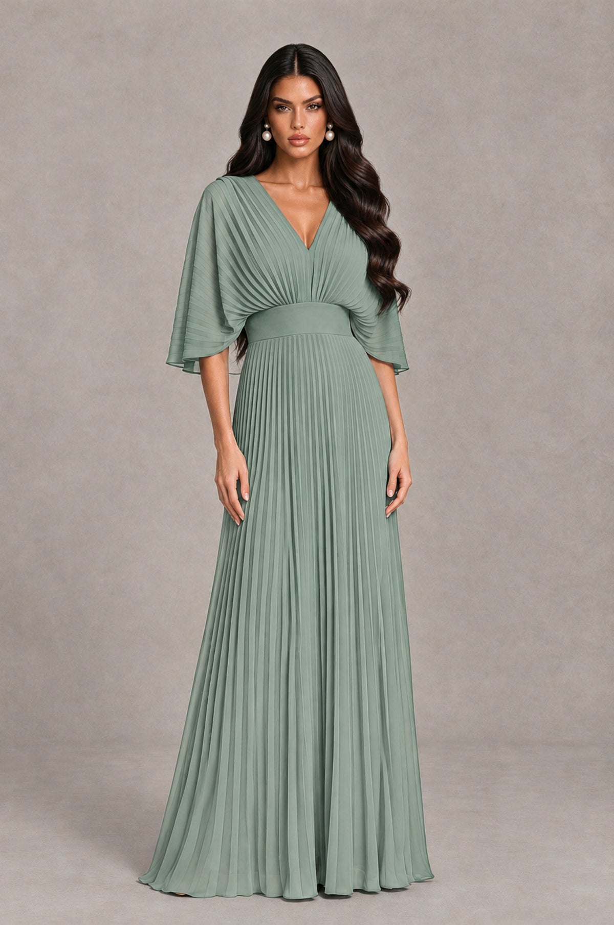 BOLODOO Dusty Sage V-Neck Pleated Flutter Sleeve Formal Dress - Dusty Sage - Dusty Sage_1