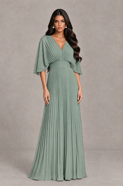 BOLODOO Dusty Sage V-Neck Pleated Flutter Sleeve Formal Dress - Dusty Sage - Dusty Sage_1