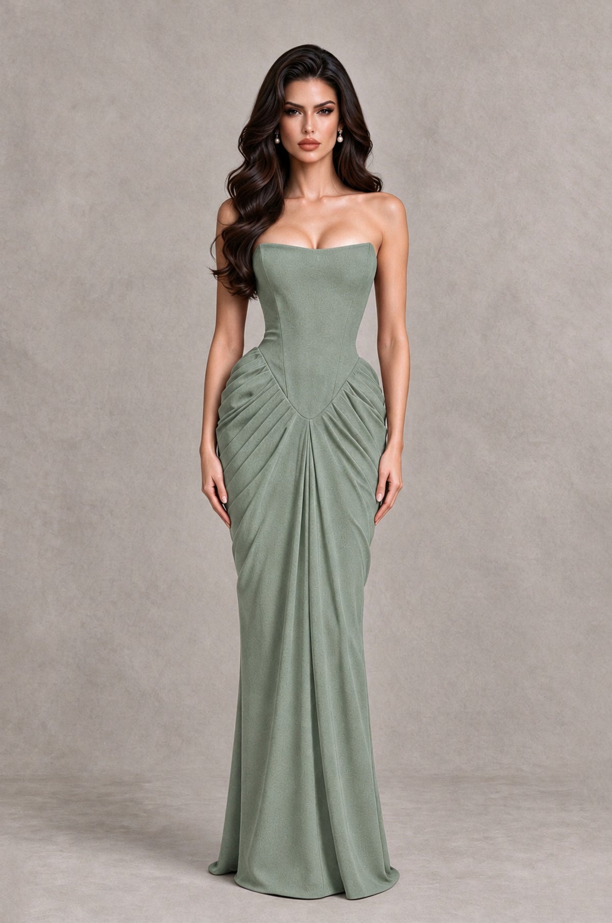 BOLODOO Dusty Sage Strapless Ruched Corset Evening Gown - Dusty Sage - Dusty Sage_1