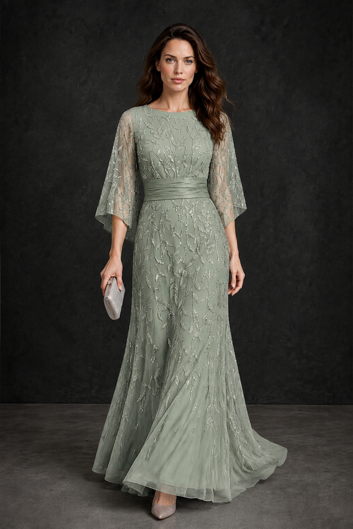 BOLODOO Dusty Sage Bateau Neck Bell Sleeve Sequin Embroidered Satin Waist A-Line Maxi Dress - Dusty Sage - Dusty_Sage_1