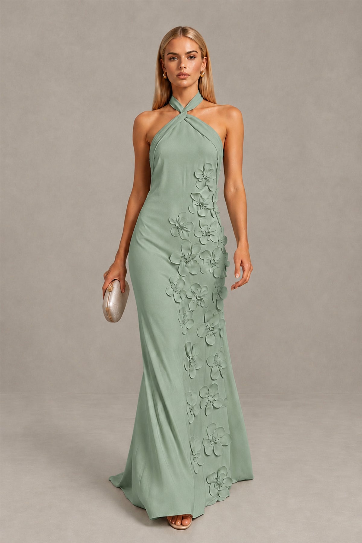 BOLODOO Dusty Sage Cross Halter Neck 3D Floral Appliqué Backless Mermaid Maxi Gown - Dusty Sage - Dusty_Sage_1