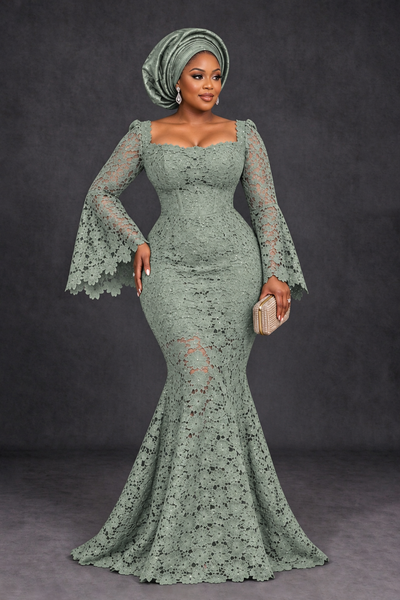 BOLODOO Dusty Sage African Lace Mermaid Dress, Plus Size Nigerian Wedding Guest Gown with Bell Sleeves - Dusty Sage - Dusty Sage_1