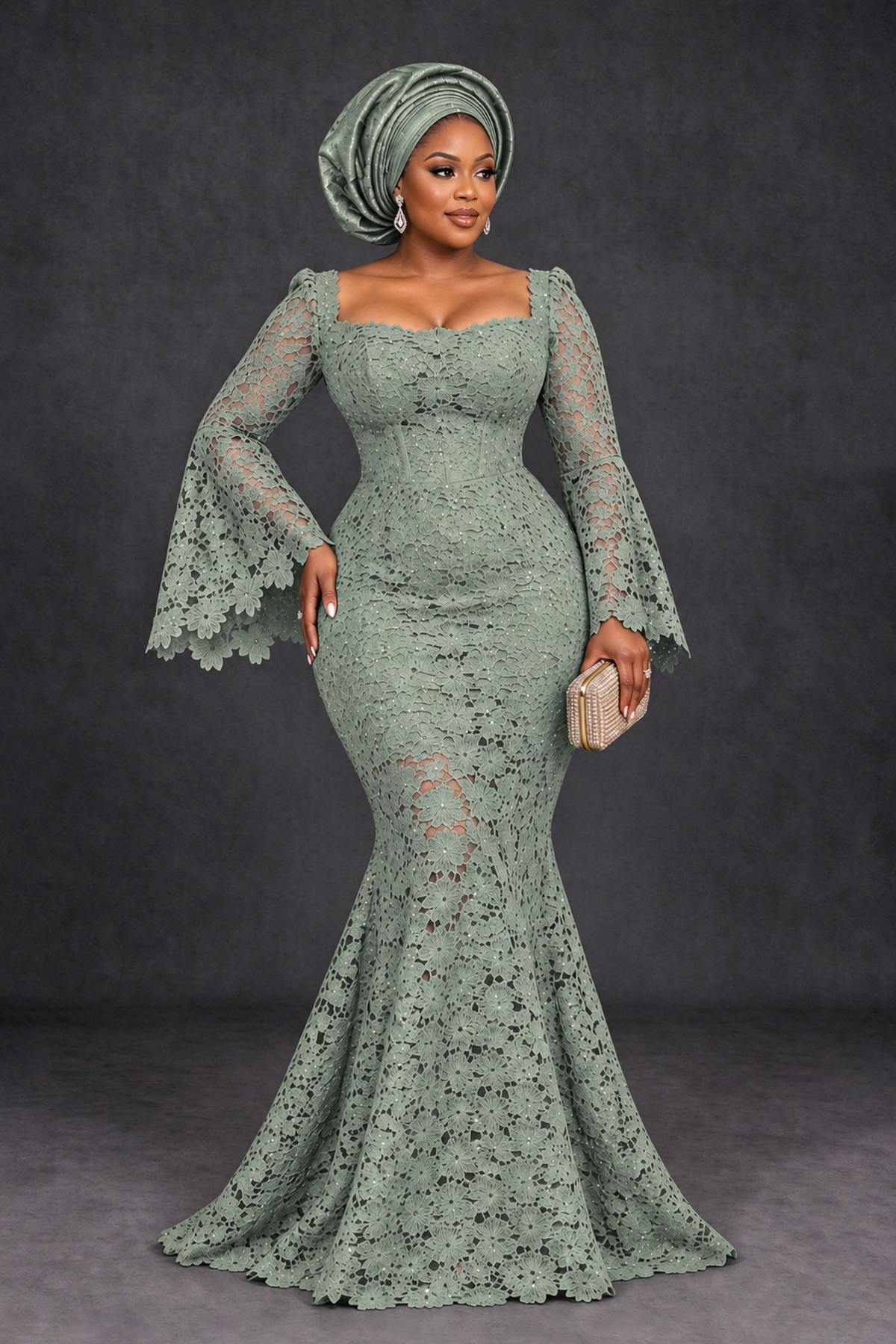 BOLODOO Dusty Sage African Lace Mermaid Dress, Plus Size Nigerian Wedding Guest Gown with Bell Sleeves - Dusty Sage - Dusty Sage_1