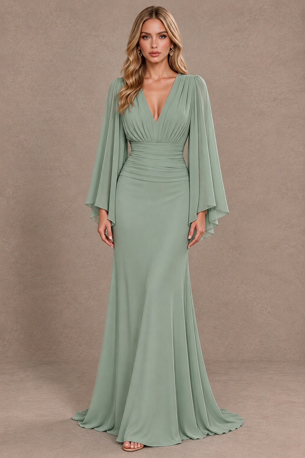 BOLODOO Dusty Sage Cape Sleeve V-Neck Ruched Chiffon Evening Dress - Dusty Sage - Dusty Sage_1