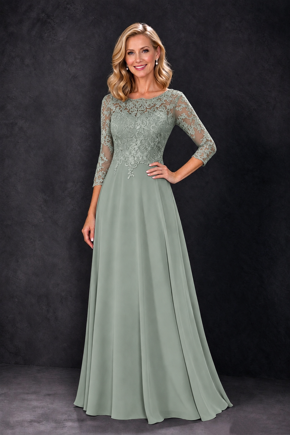 BOLODOO Dusty Sage Lace Embroidered Mother of the Bride Dress with 3/4 Sleeves - Dusty Sage - Dusty Sage_1