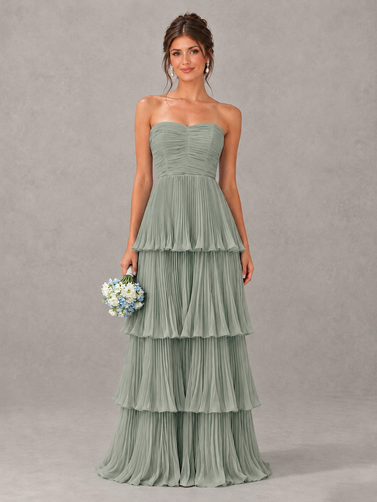 BOLODOO Dusty Sage Strapless Tiered Pleated Bridesmaid Dress - Dusty Sage - Dusty Sage_1