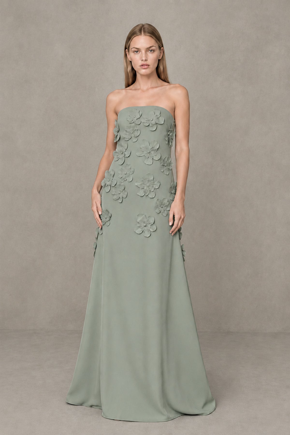 BOLODOO Dusty Sage Strapless 3D Floral Appliqué Crepe Maxi Gown - Dusty Sage - Dusty_Sage_1