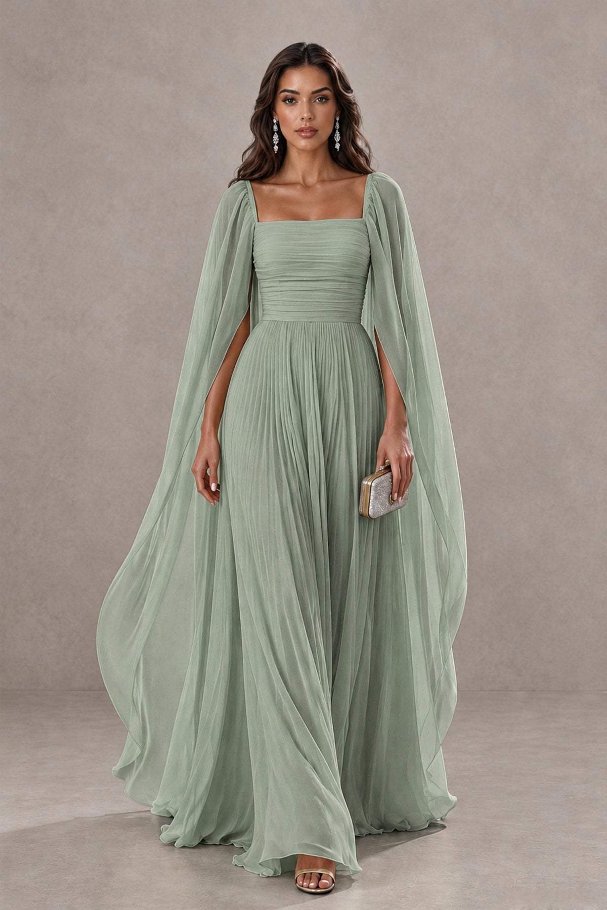 BOLODOO Dusty Sage Square Neck Cape Sleeve A-Line Evening Dress - Dusty Sage - Dusty_Sage_1