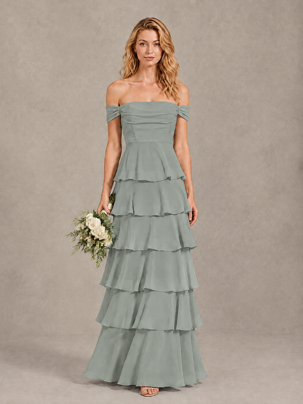 BOLODOO Dusty Sage Off-Shoulder Tiered Ruffle Bridesmaid Dress with Lace-Up Back - Dusty Sage - Dusty Sage_1